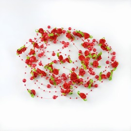 SUSOYAOCHEN 5m/16ft Pearl Garland,Garland Pearl Spool String of Pearls Rose Ribbon String Chain Decorative Beads for Wedding, Party,Christmas Flower Tree and DIY Supplies (Red & Leaf)