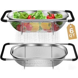 Over the Sink Colander - Strainers and Colanders - Stainless Steel Strainer - Expandable Sink Colander with Rubber Grip for Strain, Drain, Rinse Fruits, Vegetables, Home Kitchen Essentials