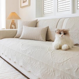 XSlive Leaf Floral Cotton Quilted Dog Couch Cover for Sofa Farmhouse Rustic Embroidered Sectional Couch Cover Soft Anti-Slip Sofa Slipcover Furniture Protector for Kids, Pets (Beige,36"x36")