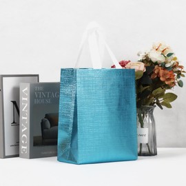 cabzymx 16 Pcs Metallic Bling Blue Gift Bags Bulk with Cardboard Bases, Glossy Small Reusable Party Favor Bags for Birthday, Wedding, Christmas, Parties- 10.2x3.9x8.3 In