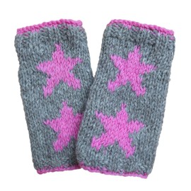 Pachamama Women Wool Hand Wrist Warmers Fleece Lined Handknitted Star Design One-Size Handmade Extra Warm Fair Trade (Grey)