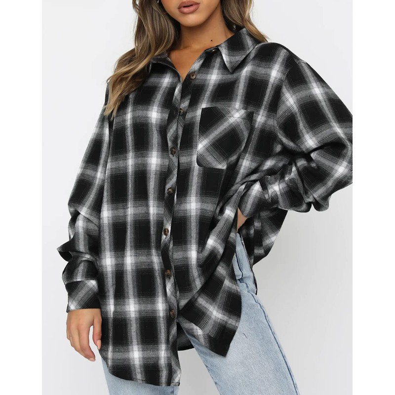 CHYRII Womens Button Down Flannel Shirts Long Sleeve Plaid Shacket