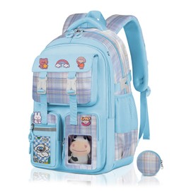 Girls School Backpack with Coin Purse, Cute Blue Kawaii Bookbag for Kids Teens, Aesthetic Elementary Backpack