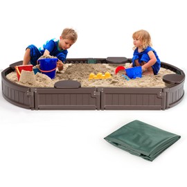 Costzon Kids Sandbox with Cover, Detachable Built-in Seating, Bottom Liner, Weather Resistant Outdoor Sandbox Kit, Child Outdoor Sand Pit for Backyard Lawn Garden Beach, Elliptical