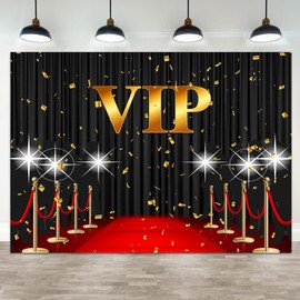 ASDCXZ 10x8ft VIP Backdrop Red Carpet Event Photography Background Black Curtain Star Catwalks Stage Film Movie Music Night Gold Banner Decorations Celebrity Activity Portrait Photo Booth Prop