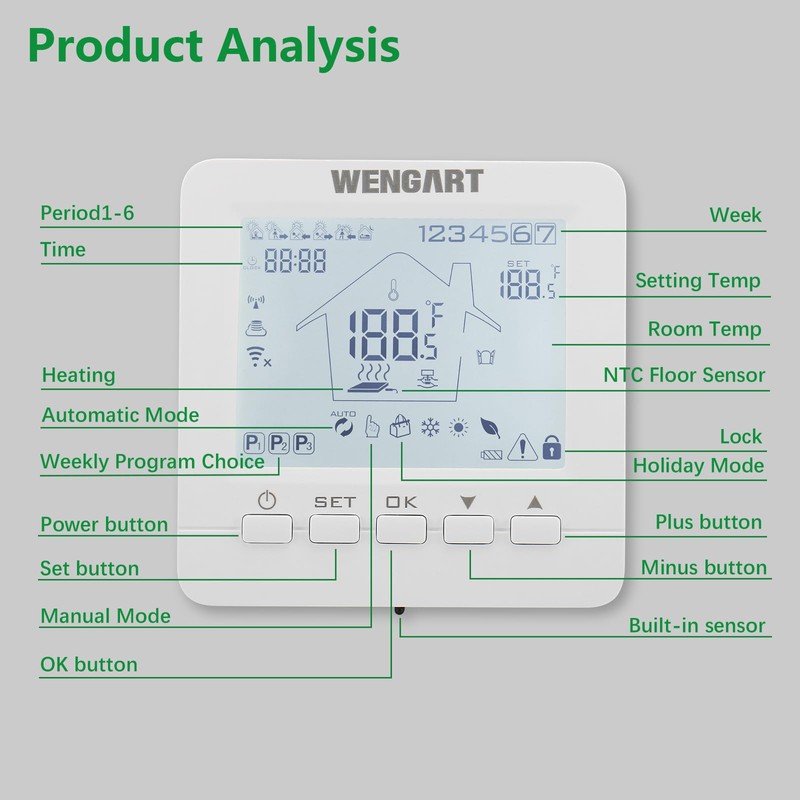 Wengart Electric Heating Thermostat Digital Programmable WG02B05, LCD Touch Screen,