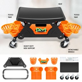 PM PERFORMOTOR Mechanic Stool - 25-1/2" x 13" x 12" (L x H x W), Rolling Work Seat w/Lockable Swivel Wheels and Storage Tool Tray, Orange,PM-TOL-CRS-OG