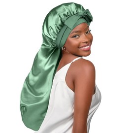 YANIBEST Silk Bonnet for Sleeping Women Braid Bonnet for Long Hair with Tie Band Satin Bonnet for Braids Hair Sleeping Cap Gifts for Women Black silver  bonnet - Color: Sage
