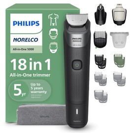 Philips Norelco Multigroom 5000 Series, recortadora todo en uno, recortadora de barba y cortadora de pelo, kit de aseo para hombre, 18 piezas para barba, cara, nariz, oído, cuerpo, con cuchillas de