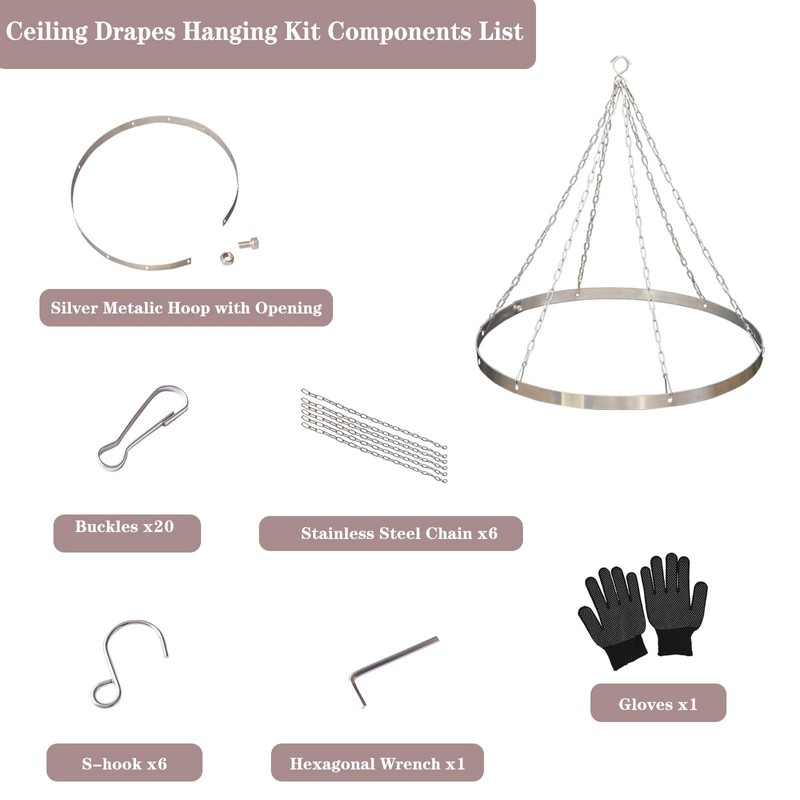 Silver Metallic Ceiling Drapes Hanging Kit 24 Inches Hoop Metal
