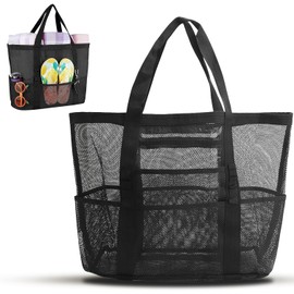Dncvb Large Beach Bag Mesh Bag for Sand Toys Portable Mesh Beach Toy Bag Black Sand Toy Mesh Bag with Large Capacity Suitable for Pool, Beach, Travel, black