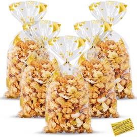 HESTYA 50 Counts 5 x 11 Inches Christmas Flat Clear Cellophane Treat Bags Block Bottom Patterned Storage Bags Twist Ties for Xmas Party Favor, Gold Five Pointed Star