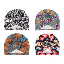 DRESHOW 4 Pack Women Turban African Pattern Knot Headwrap Beanie Pre-Tied Bonnet Chemo Cap Hair Loss Hat