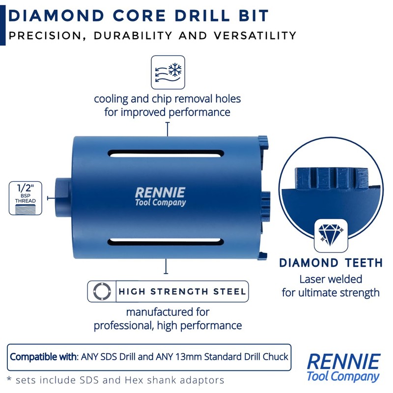 38mm x 150mm Long Diamond Core Drill Bit Set Includes