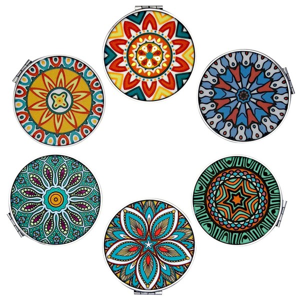 Beaufy Magnification Compact Mirror Travel Makeup Handheld Foldable Portable Small Perfect Party Birthday Festival Gifts for Women Girls Lady Embossing Mandala Stylish Design Pack of 6