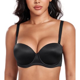 DotVol Women's Strapless Bra Push Up Thick Convertible Padded Underwire with Adjustable Straps(32C,Black)