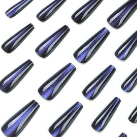 Cat Eyes Long Press on Nails Coffin Blue Fake Nails Press ons Silver Glitter Full Cover Extra Long Acrylic Nails Glossy Stick Glue on Nails for Women Girls 24 Pcs