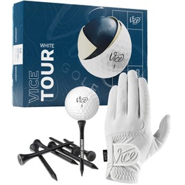 Vice Tour Golf Balls, White, with Duro White Glove, Right Hand | Increased Distance and Spin Control, High Compression, 3-Piece, Surlyn Cover, for All Swing Speeds | with Signature Series Tees