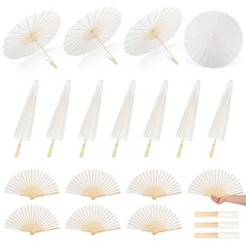PLUVAVA 10 PCS 33 Inch White Paper Umbrella and 5 PCS Folding Handheld Fans Paper Parasols Large Chinese Japanese Oiled Umbrella DIY Painting Carfts for Wedding Props Bridal Party Décor (10 PCS)