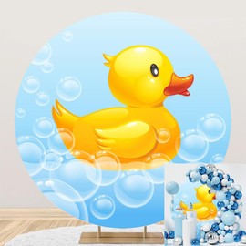 TTQYFNM 6.5x6.5ft Yellow Swimming Duck Round Backdrop Cover Polyester Bubble Rubber Duck Sweet Baby Shower Blue Circle Photography Background for Newborn Infant Kids Birthday Party Banner Decoration