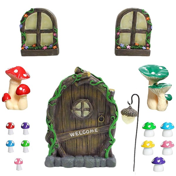 Miniature Fairy Gnome Home Window Door and Micro Resin Fairy Mushroom fit for Tree Statues Tree Yard and Garden Sculpture Outdoor Decor Accessories