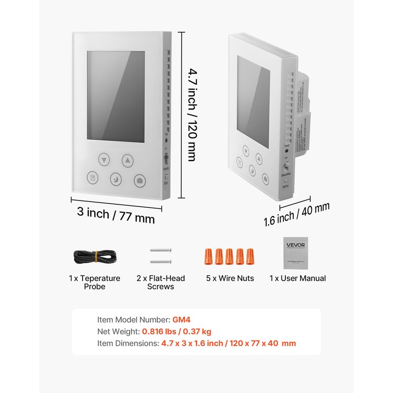 VEVOR 7-Day Programmable Thermostat White - for Radiant Underfloor Heating