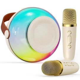 PPMIC Mini Karaoke Machine for Kids, 2025 Latest Portable Bluetooth Speaker with 2 Wireless Microphones, Magic Sing Toy for Girls and Boys, Ideal Christmas Birthday Party Gift (Beige, 2 Mics)