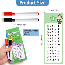 1-12 Addition Flash cards 15 Pcs Addition Table Flash Cards with 2 Dry Erase Markers 1 Rings,Educational Math Flashcards for 1st to 3rd Grade Home Fun Math Games and Addition Game Classroom