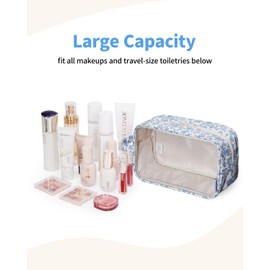 Narwey Clear Travel Toiletries Bag, Toiletry Bags for Women, Clear Makeup Wash Bag Travel Holiday Essentials for Women and Men (Little Blue Flower-1)