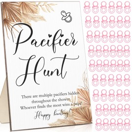 Roowest 51 Pcs Cool Baby Shower Games Include Baby Pacifier Hunt Sign Wooden Gift Sets Gender Reveal Party Favors 50 Acrylic Mini Plastic Pacifiers for Gender Reveal Supplies