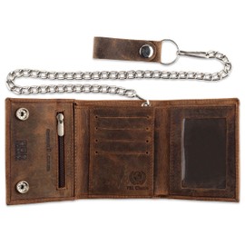 F&L CLASSIC RFID Blocking Men's Tri-fold Vintage Biker Cowhide Leather Steel Chain Wallet,Snap closure, USA,Vintage buffalo brown,315