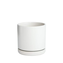 Ceramic Planter Pot with Drainage Hole and Saucer, Indoor Cylinder Round Planter Pot, 6 Inch, White