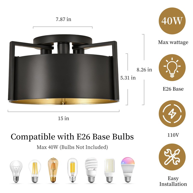 Black Semi Flush Mount Ceiling Light, 15'' Modern Farmhouse Hallway