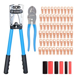 ZUVER Battery Lug Crimper Kit Electrical Terminal Crimping Tool Set with Cable Cutter - Includes 60 Copper Lugs and 60 Heat Shrink Tubes for AWG 8-1/0 Cables Wire