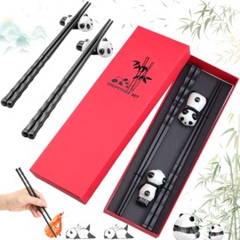 Liekadijiae 2 Pairs of Fibreglass Dishwasher Safe Chopsticks, Reusable Non-Slip Chopsticks, Chopsticks with 2 Chinese Panda Ceramic Chopsticks Holder (with Gift Box)