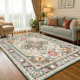 OMERAI Washable Rug 6x9 Area Rugs for Living Room, Low Pile Soft Vintage Machine Washable Area Rugs for Bedroom,Non-Slip Living Room Carpet, Stain Resistant Thin Washable Green Rug