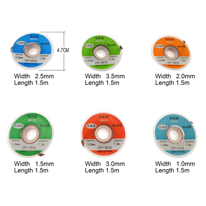 6 pcs Desoldering Braid, Soldering Wick, Solder Remover 1,0/1,5/2,0/2,5/3,0/3,5mm
