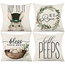 Faromily Decorative Pillow Covers, Set of 4 Easter Pillow Covers, 18x18 inches, Easter Decorations for Home, He is Risen, Floral, Bunny, Spring, Farmhouse Decor
