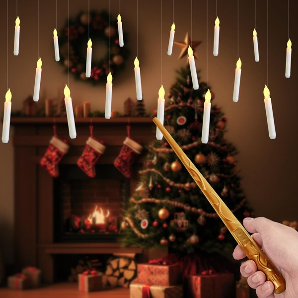 Homemory Hanging Floating Candles with Wand Remote and String, 12 Pcs Flying Flameless LED Taper Candles Warm White Light, Battery Operated Window Candles with Wand for Halloween Christmas Party