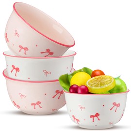 Maxdot 10 oz Pink Bow Ceramic Bowls Set of 4 Coquette Cute Soup Bowl Preppy Dessert Pudding Fruit Salad Decorations for Kitchen Decoration Pink White Bowl