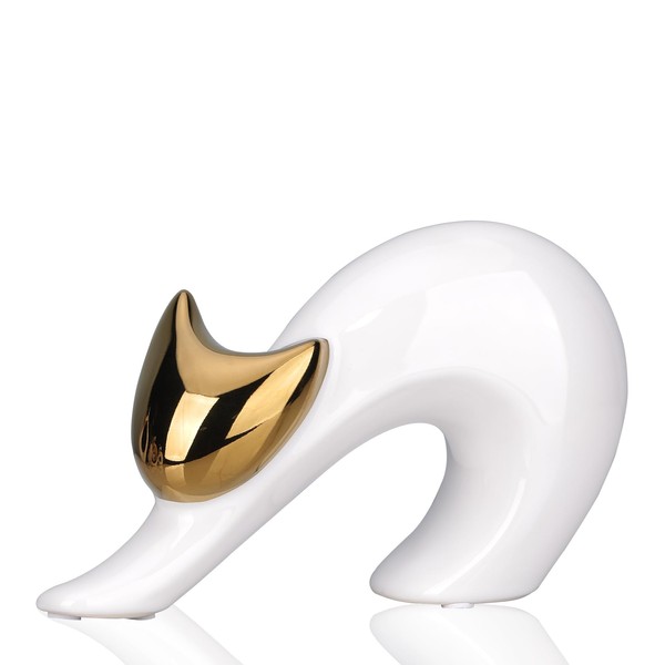 YUNSHID Abstract Elegant Yoga Cat Statue, White and Gold Decor,