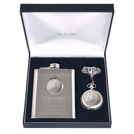 Engraved 60th Birthday Pewter Rugby Feature Mother of Pearl Pocket Watch and Hip Flask Gift Set