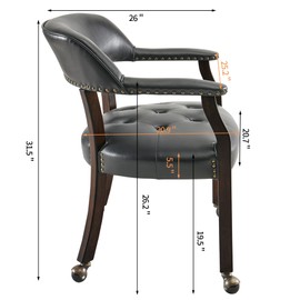 JESONVID Big Dining Roller Chair with Arms, Accent Kitchen Side Chairs with Wheels, Wood Game Poker Chairs, Boss Captains Rolling Chair, 26“Dx25.2 Wx31.5“H, Espresso&Black PU, 318BK