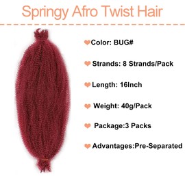 Mscat 40,6 cm vorgetrennte, federnde Afro-Twist-Haarverlängerungen, 3 Packungen, Bungundy Marley Twist Crochet Braiding Kunsthaarverlängerungen (8 Strähnen/Packung, Bug#)