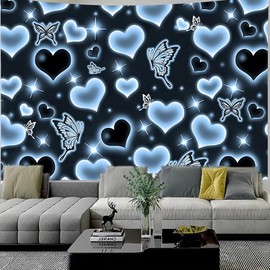 MEETSIOY Cute Black Blue Heart Tapestry Fantasy Blue Butterfly Aesthetic Tapestry Hippie 2000s Y2K Teen Girls Tapestries Wall Hanging for Women Nursery Bedroom Living Room Bedroom College Dorm