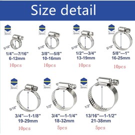60 Piece All-inclusive Hose Clamp Combo Kit,1/4 Inch - 1 Inch 304 Stainless Steel Hose Clamps Assortment,(8-38mm) For Secure Pipe And hose Connections PEX Clamp Rings