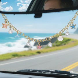 Starfish & Whale Tail Car Rearview Mirror Hanging – Coastal Boho Cars Charm Decor, Ocean Seashell Pearl Chain Ornament, Beach Car Interior Accessories for Women, Summer Vibes Gift for Drivers