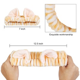 TEBIEKOY Plush Cat Ears Spa Headband For Washing Face Skincare Makeup, Elastic Animal Headbands for Women Girls Soft Coral Fleece Facial Wash Hair Accessories Trendy Stuff Gifts, 2PCS