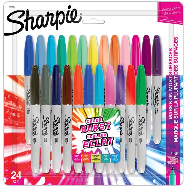 Sharpie Permanent Markers, Color Burst, Set of 24, F, Medium Point, Permanent Pens, 1949557