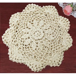 Creative Linens 6PCS 8" Round Crochet Lace Doily Beige 100% Cotton Handmade, Set of 6 Pieces